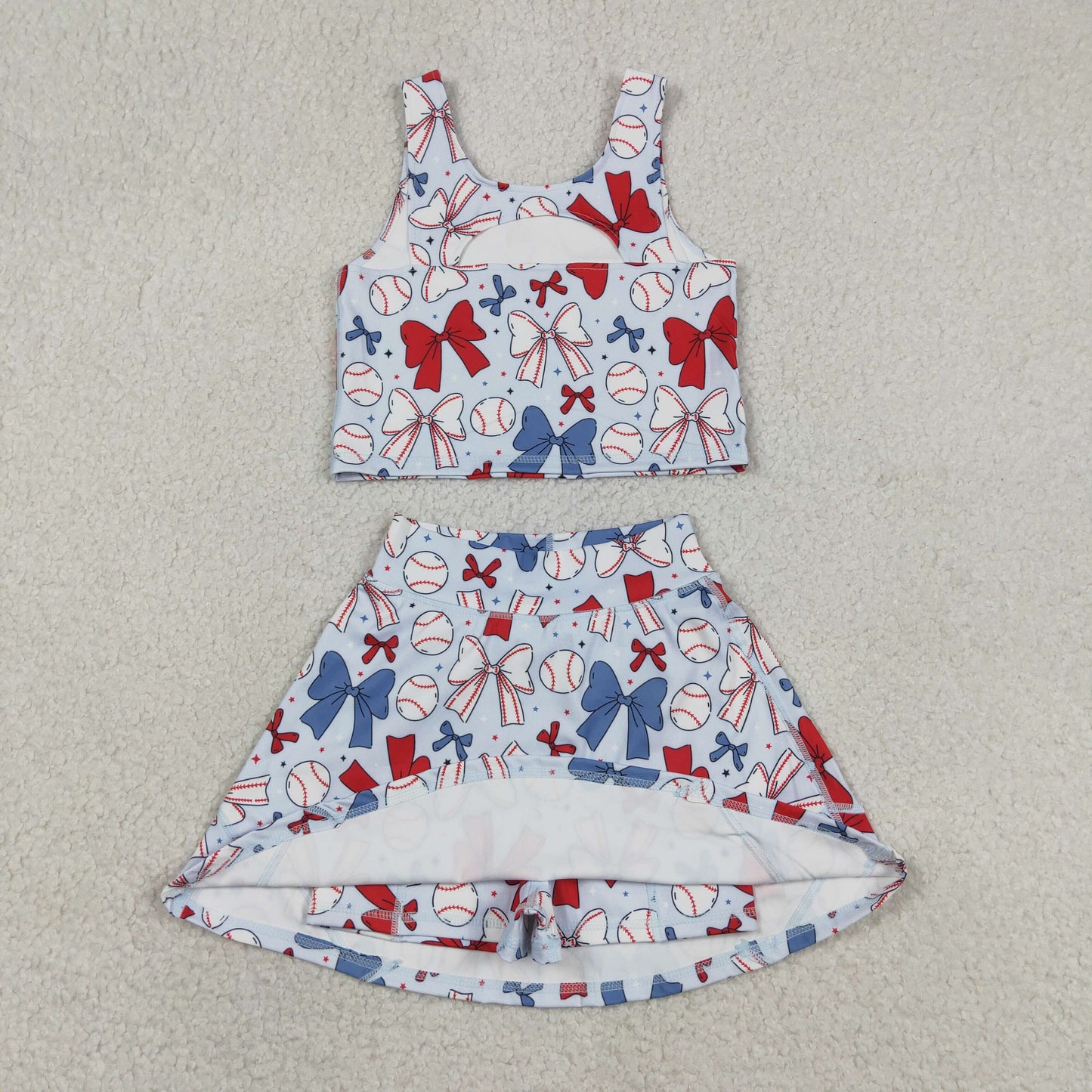 RTS NO MOQ GSD2151 yoga fabric Baby Girls Cute Bows 4th Of July Baseball Vest Skirt Yoga Set