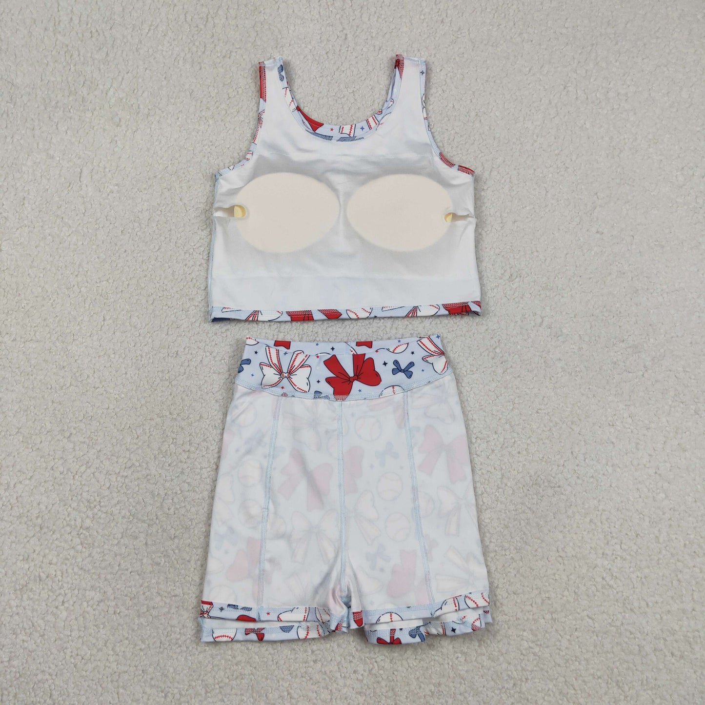 RTS NO MOQ GSD2151 yoga fabric Baby Girls Cute Bows 4th Of July Baseball Vest Skirt Yoga Set