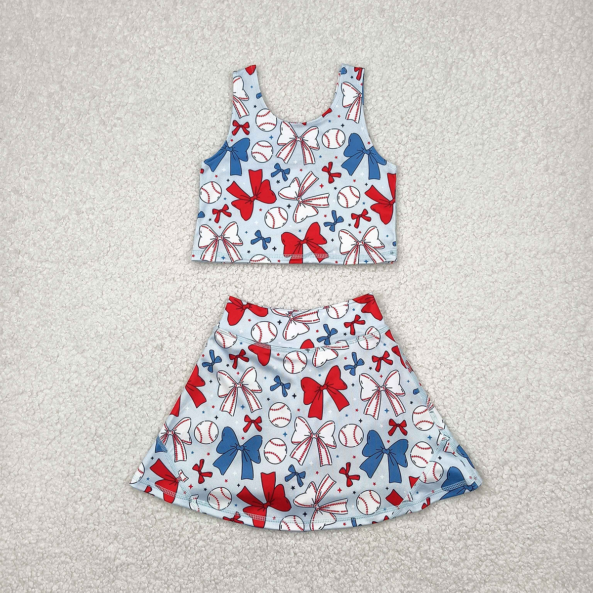 RTS NO MOQ Sibling Baby Girls 4th of July Bows Baseball Vest Skort Set Skort Knee Length Dresses Yoga Active Wear
