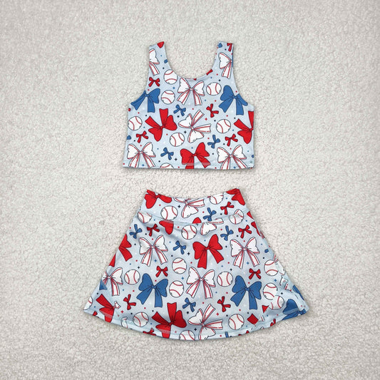 RTS NO MOQ GSD2151 Baseball bow pattern blue vest pants skirt yoga set