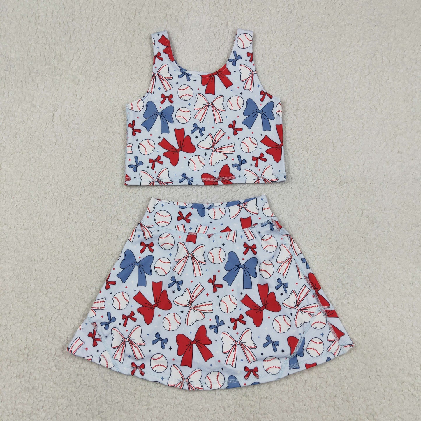 RTS NO MOQ GSD2151 yoga fabric Baby Girls Cute Bows 4th Of July Baseball Vest Skirt Yoga Set