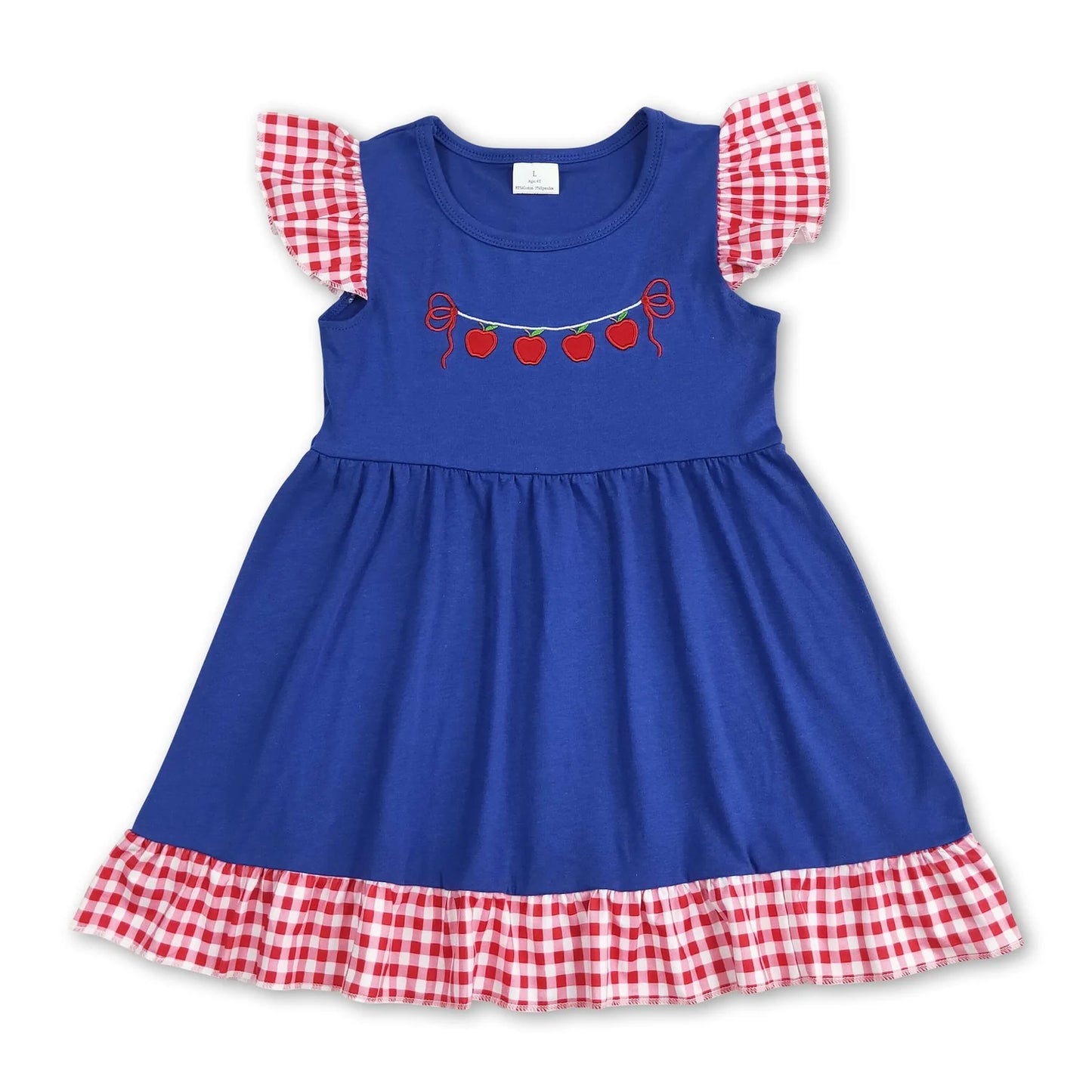 RTS NO MOQ Sibling milk silk Baby Girls Apple Bow Back To School Flutter Sleeve Knee Length Dress