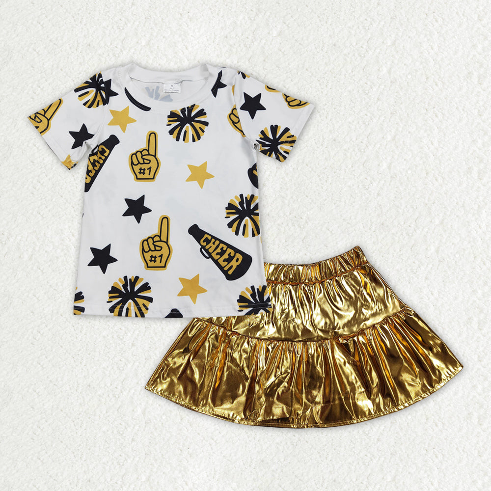 RTS NO MOQ ETA 5/7days Arrived GT0939+GLK0043 Cheer black and gold fireworks star white short-sleeved top Shiny leather pants skirt