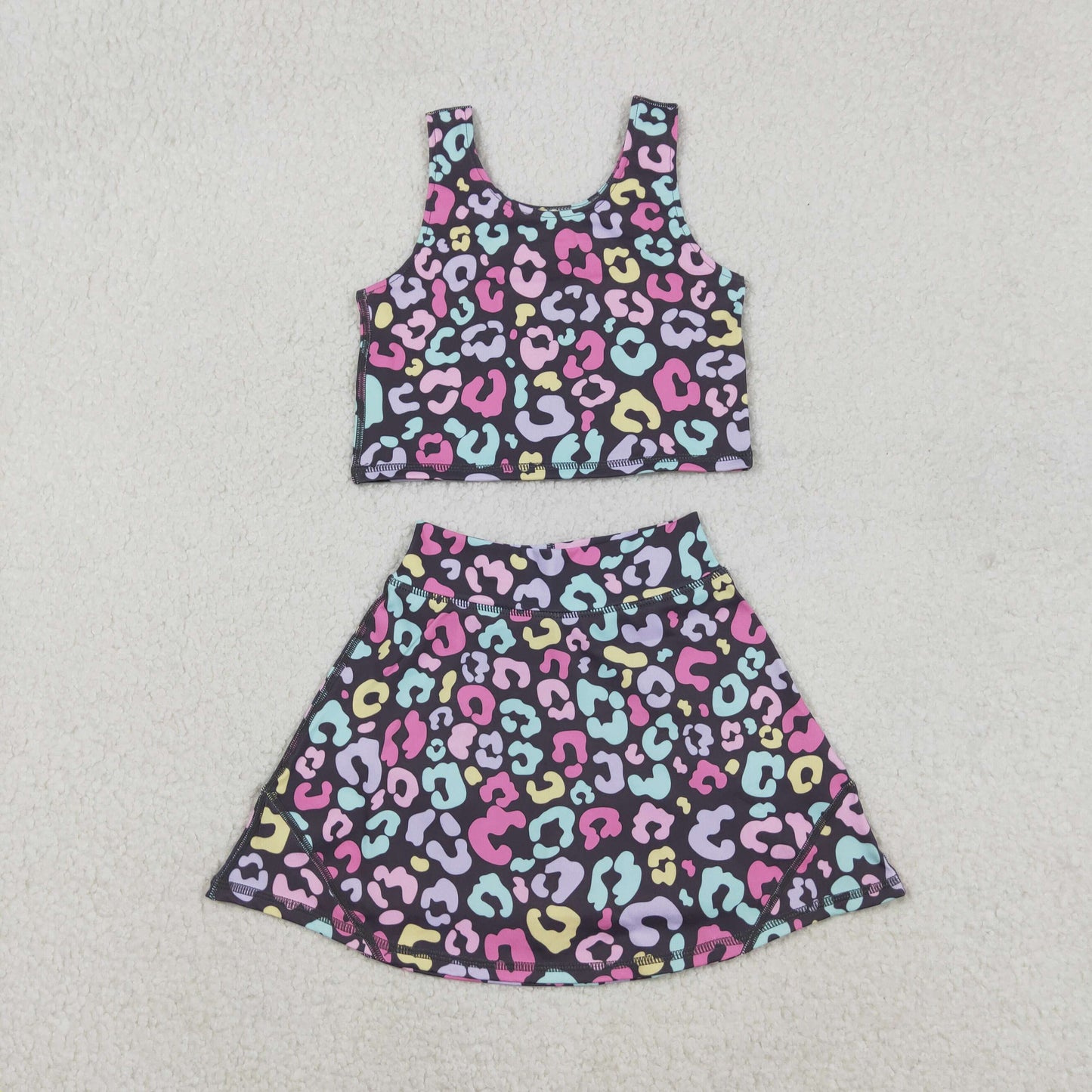 RTS NO MOQ Sibling baby girl clothes yoga leopard short-sleeved skirt sets and dress