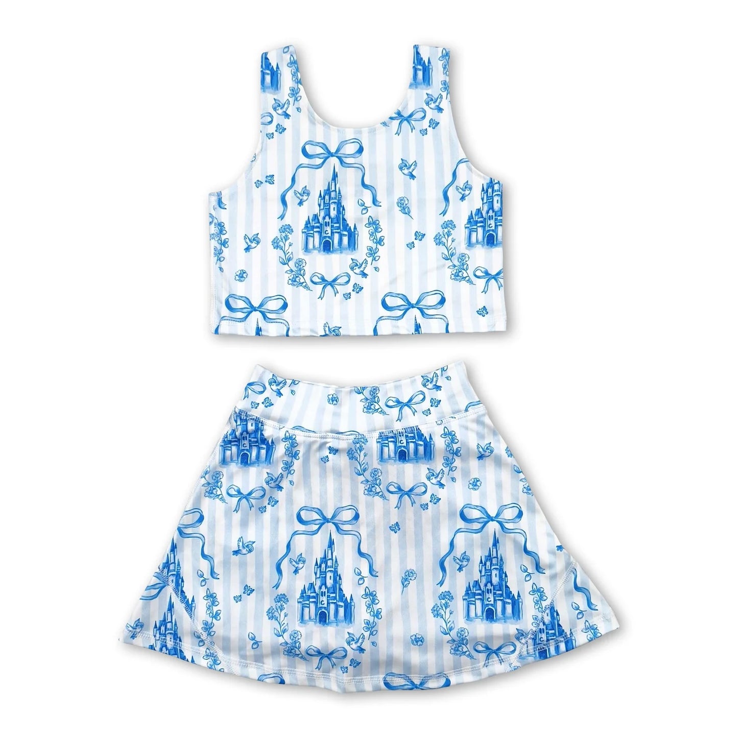 RTS NO MOQ Sibling yoga fabric Cute Clothes Baby Girls Flowers Bows Sleeveless Vest Yoga Skort Two Piece Suits