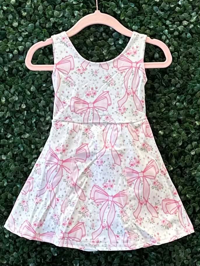 RTS NO MOQ Sibling yoga fabric Baby Girls Bow Scallop Trim Knee Length  Athletic Short Dress