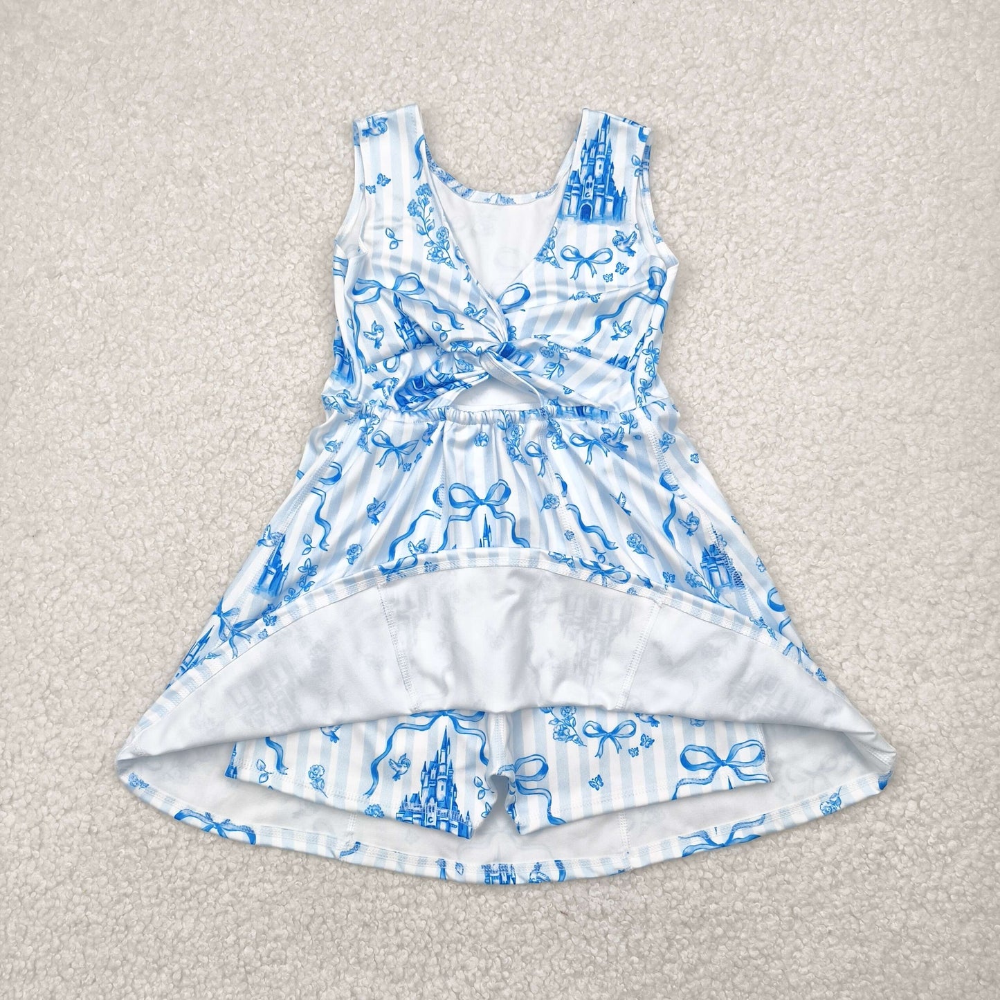 RTS NO MOQ（In Stock) GSD3068 Bow pattern castle blue striped yoga sleeveless dress