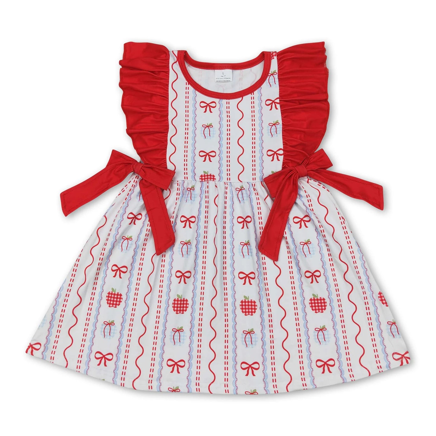 RTS NO MOQ Sibling milk silk Baby Girls Apple Bow Back To School Flutter Sleeve Knee Length Dress
