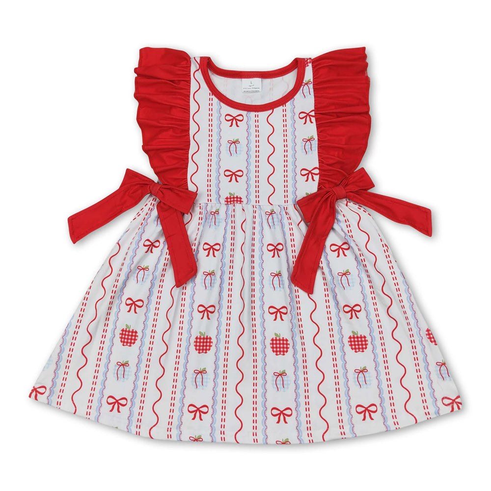RTS NO MOQ Sibling milk silk Baby Girls Apple Bow Back To School Flutter Sleeve Knee Length Dress(2T-14-16T）