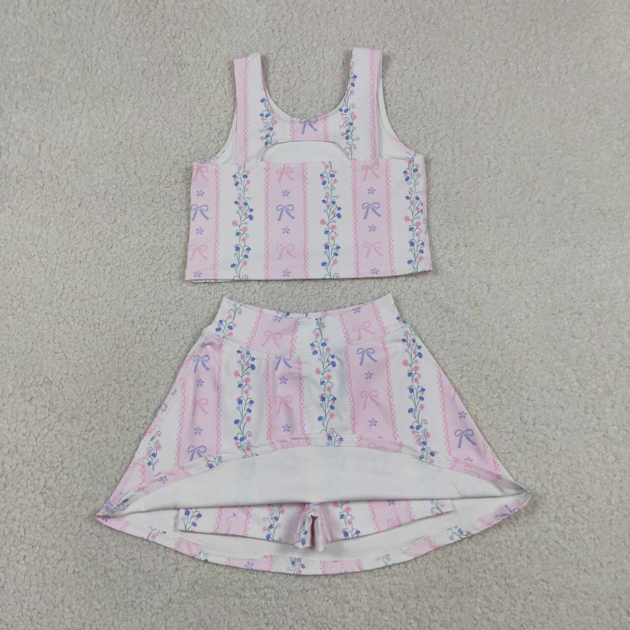 RTS NO MOQ yoga fabric GSD2216 Baby Girls Cute Bow Stripe Floral Elastic Waist Active Set