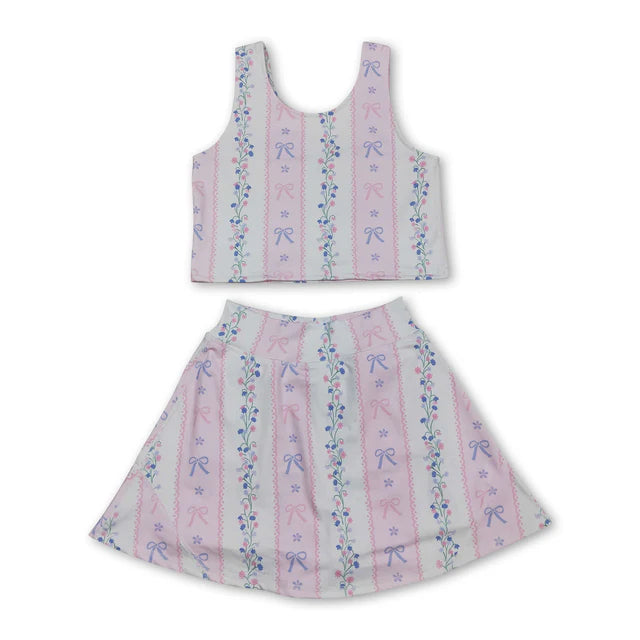 RTS NO MOQ Sibling yoga fabric Baby Girls Sleeveless Colorful Flowers Vest Skirt Shorts Yoga Active Clothes Sets