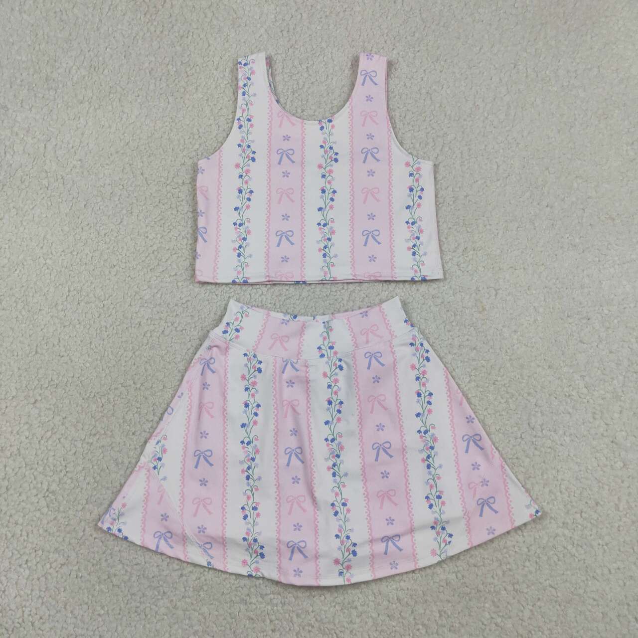 RTS NO MOQ yoga fabric GSD2216 Baby Girls Cute Bow Stripe Floral Elastic Waist Active Set