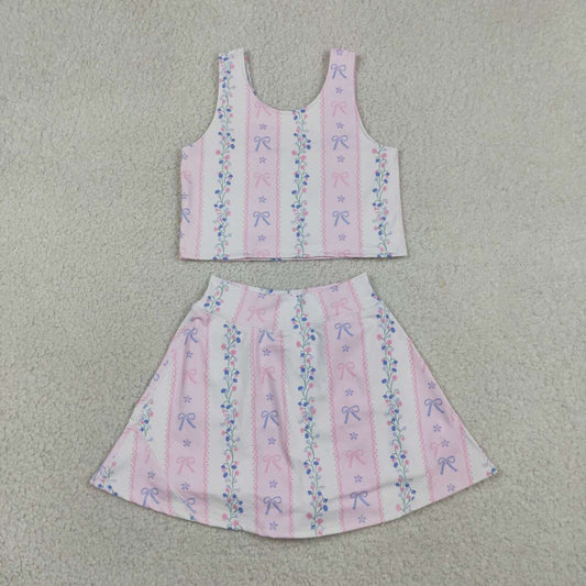 RTS NO MOQ yoga fabric GSD2216 Baby Girls Cute Bow Stripe Floral Elastic Waist Active Set