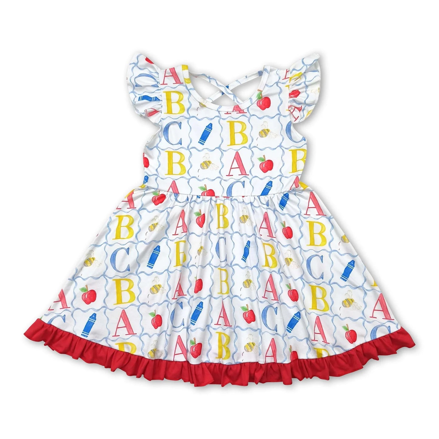 RTS NO MOQ Sibling milk silk Baby Girls Apple Bow Back To School Flutter Sleeve Knee Length Dress