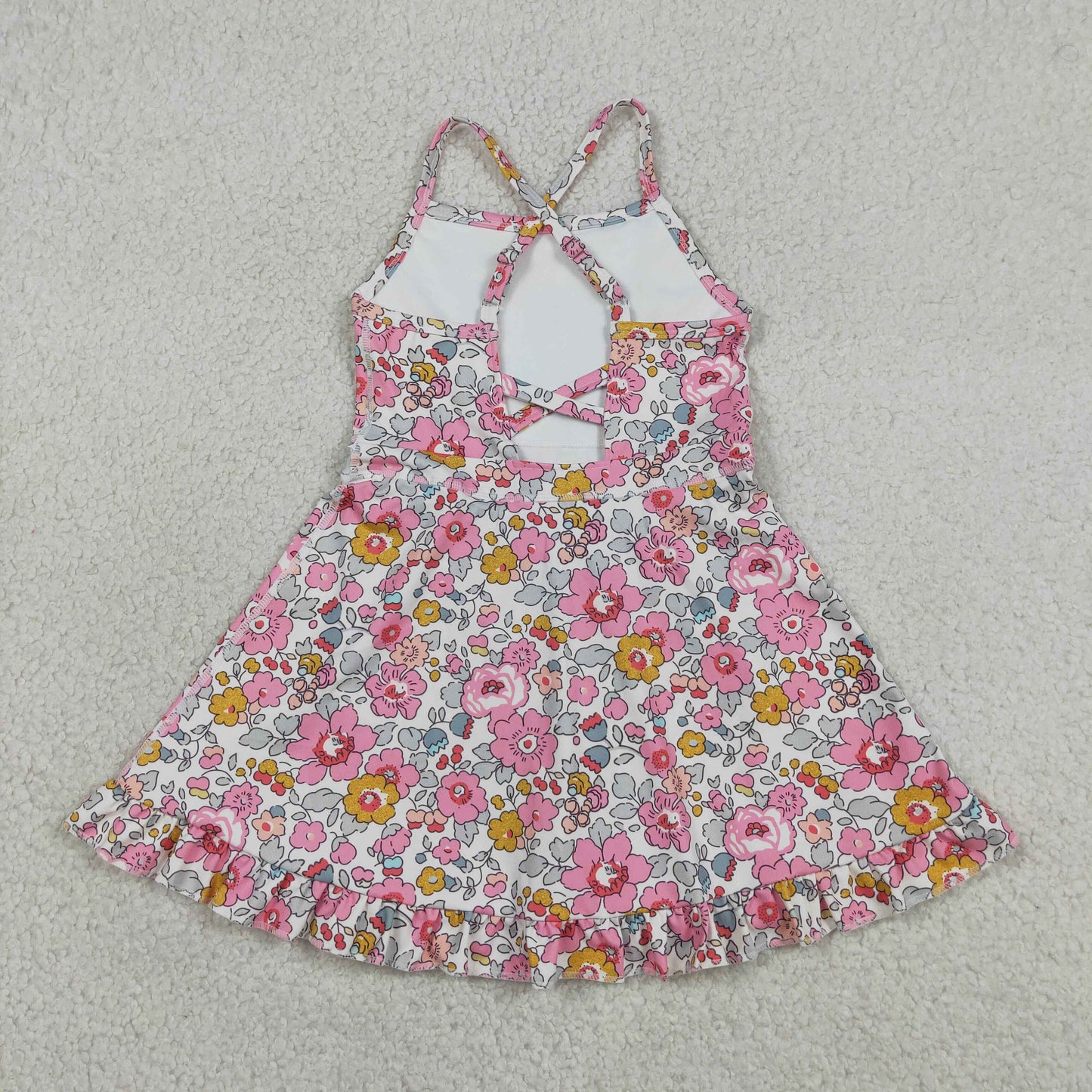 RTS NO MOQ yoga fabric GSD2278 Baby Girls Pink Strap Colorful Floral  Active Ruffle Knee Length Dresses