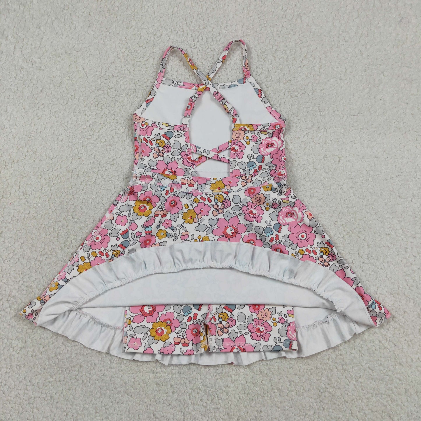 RTS NO MOQ yoga fabric GSD2278 Baby Girls Pink Strap Colorful Floral  Active Ruffle Knee Length Dresses