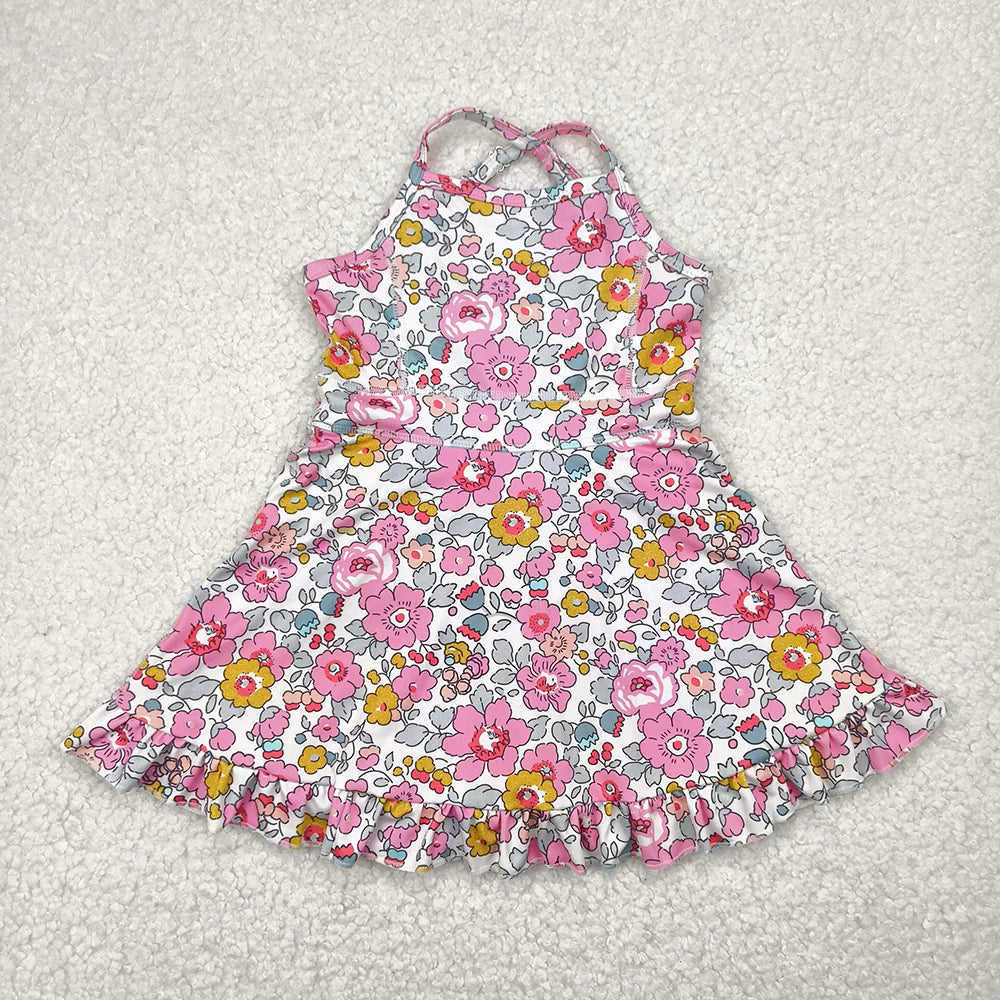 Best Sell RTS Baby Girls Pink Strap Floral Print Yoga Ruffle Knee Length Dresses Casual Comfortable Cotton Romper for Toddlers