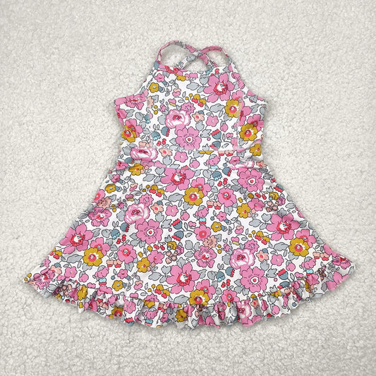Best Sell RTS Baby Girls Pink Strap Floral Print Yoga Ruffle Knee Length Dresses Casual Comfortable Cotton Romper for Toddlers