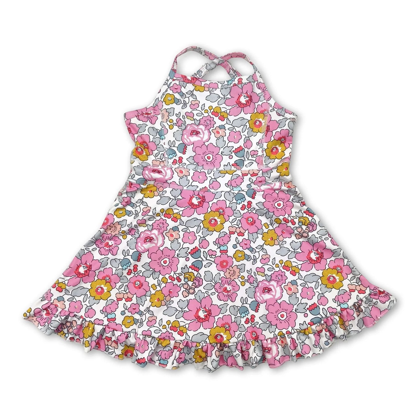 RTS NO MOQ Sibling yoga fabric Baby Girls Colorful Flowers Sleeveless Strap Ruffle Yoga Dresses