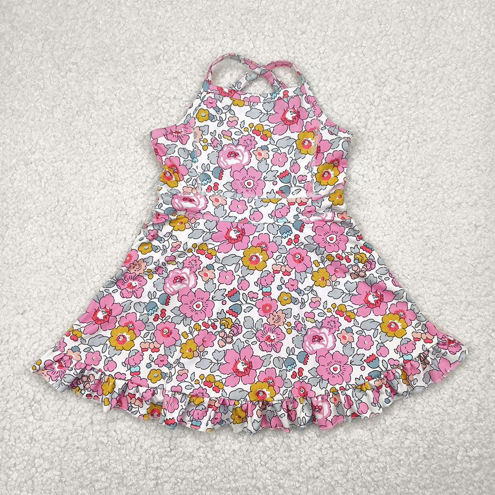 RTS NO MOQ Sibling Baby Girls Blue Strap Colorful Floral Print Yoga Ruffle Knee-Length Dresses