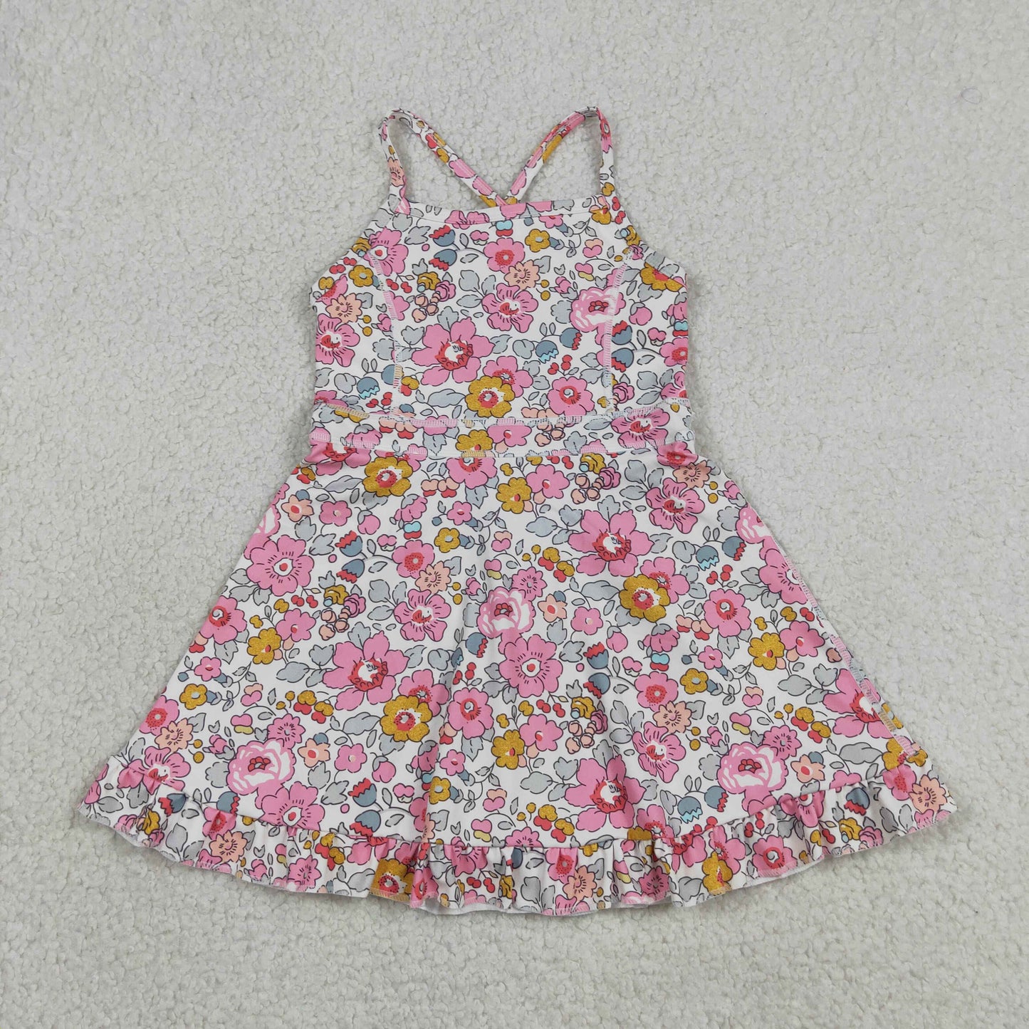 RTS NO MOQ yoga fabric GSD2278 Baby Girls Pink Strap Colorful Floral  Active Ruffle Knee Length Dresses
