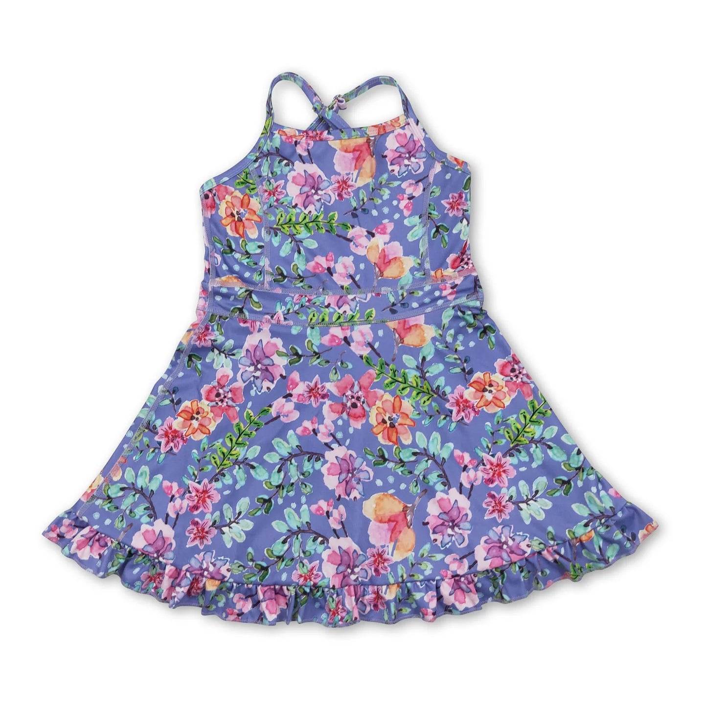 RTS NO MOQ Sibling yoga fabric Baby Girls Colorful Flowers Sleeveless Strap Ruffle Yoga Dresses