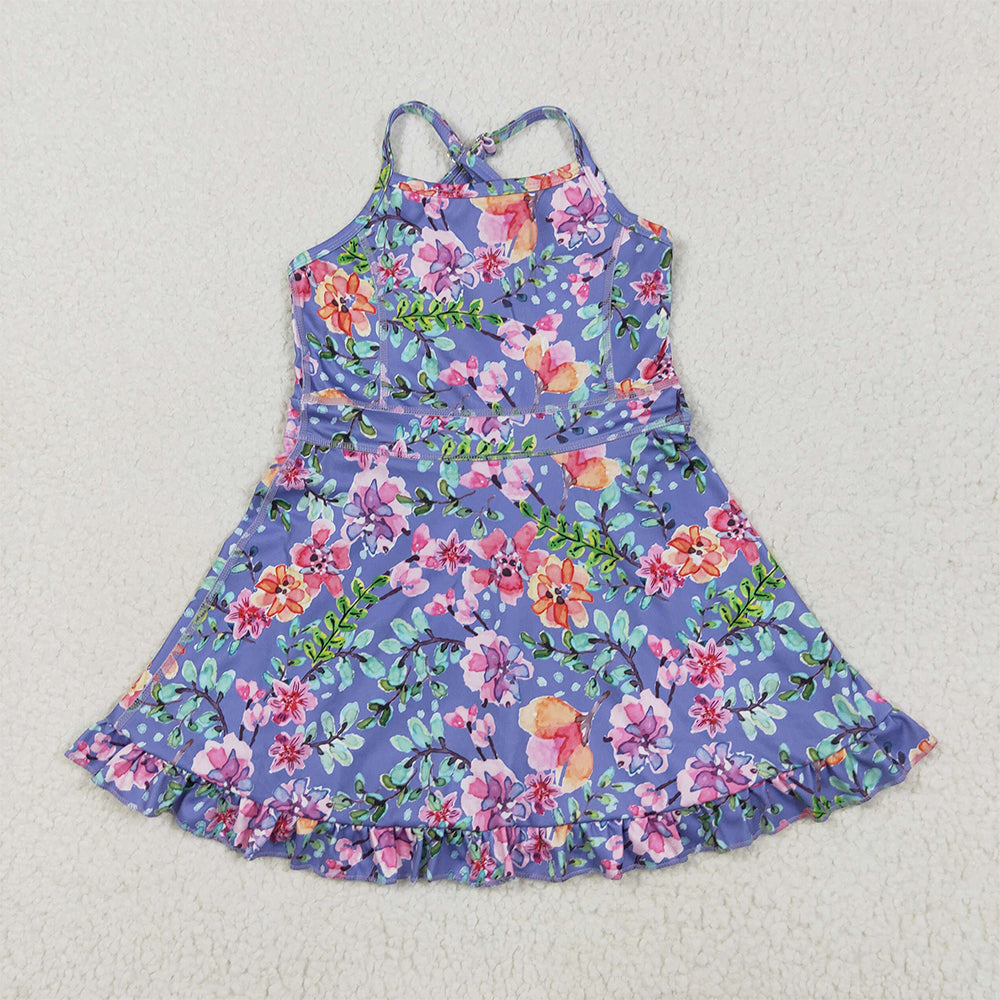 RTS NO MOQ Sibling Baby Girls Floral Yoga Ruffle Knee Length Dresses Strap Stripe Cute Baby Girls Dress