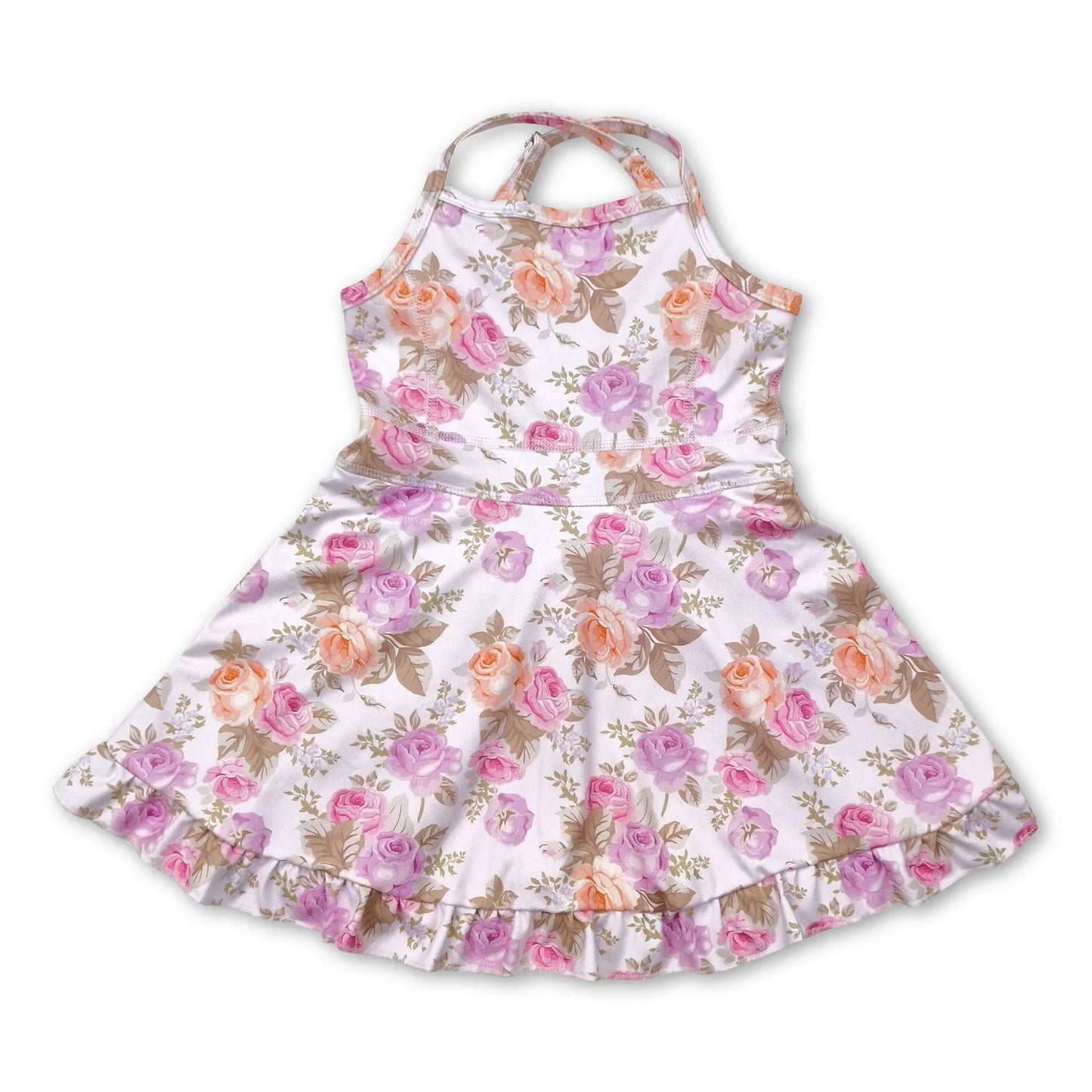 RTS NO MOQ Sibling yoga fabric Baby Girls Colorful Flowers Sleeveless Strap Ruffle Yoga Dresses