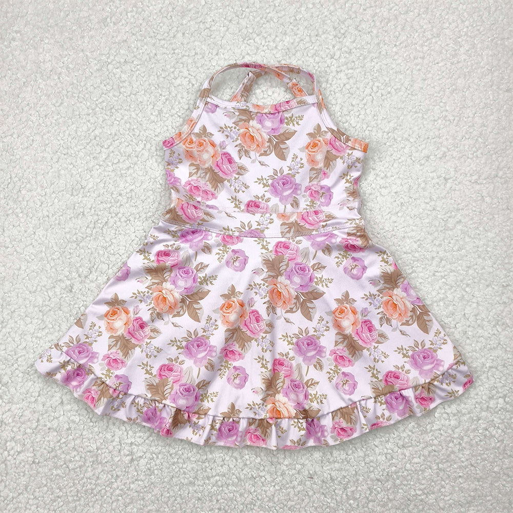 RTS NO MOQ Sibling Baby Girls Blue Strap Colorful Floral Print Yoga Ruffle Knee-Length Dresses