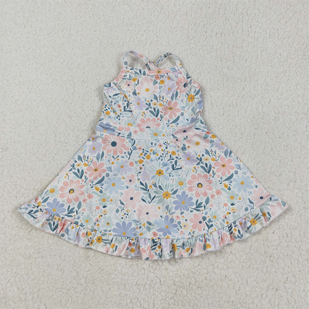 RTS NO MOQ Sibling Baby Girls Floral Yoga Ruffle Knee Length Dresses Strap Stripe Cute Baby Girls Dress