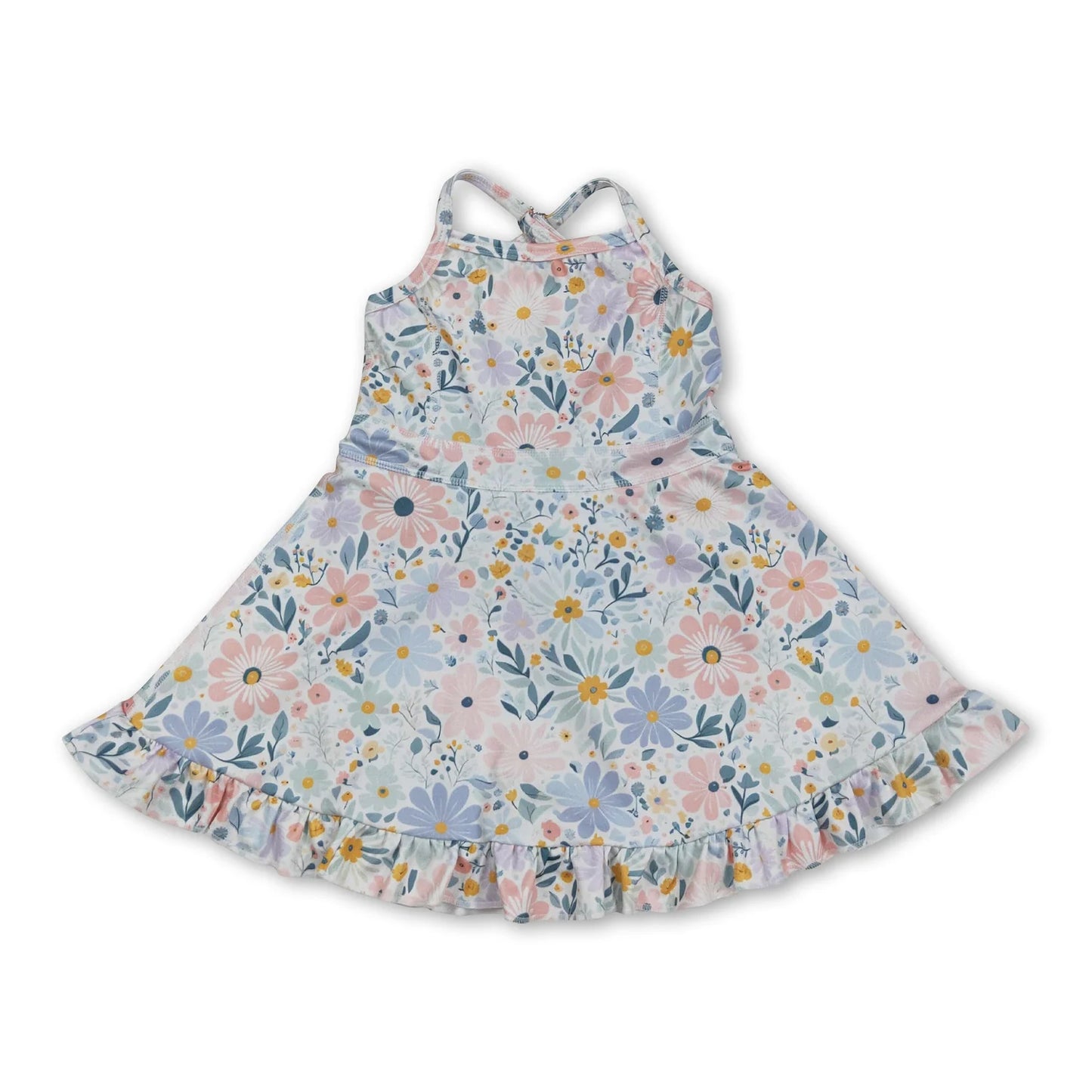 RTS NO MOQ Sibling yoga fabric Baby Girls Colorful Flowers Sleeveless Strap Ruffle Yoga Dresses