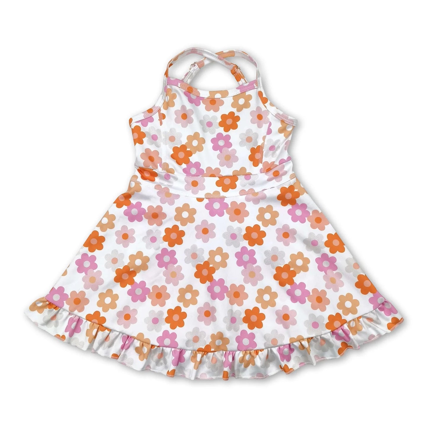 RTS NO MOQ Sibling yoga fabric Baby Girls Colorful Flowers Sleeveless Strap Ruffle Yoga Dresses