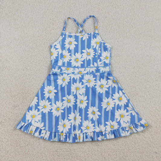 Best Sell RTS Baby Girls Blue Strap Floral Print Yoga Dress with Ruffle Knee Length Casual Outfit for Toddlers