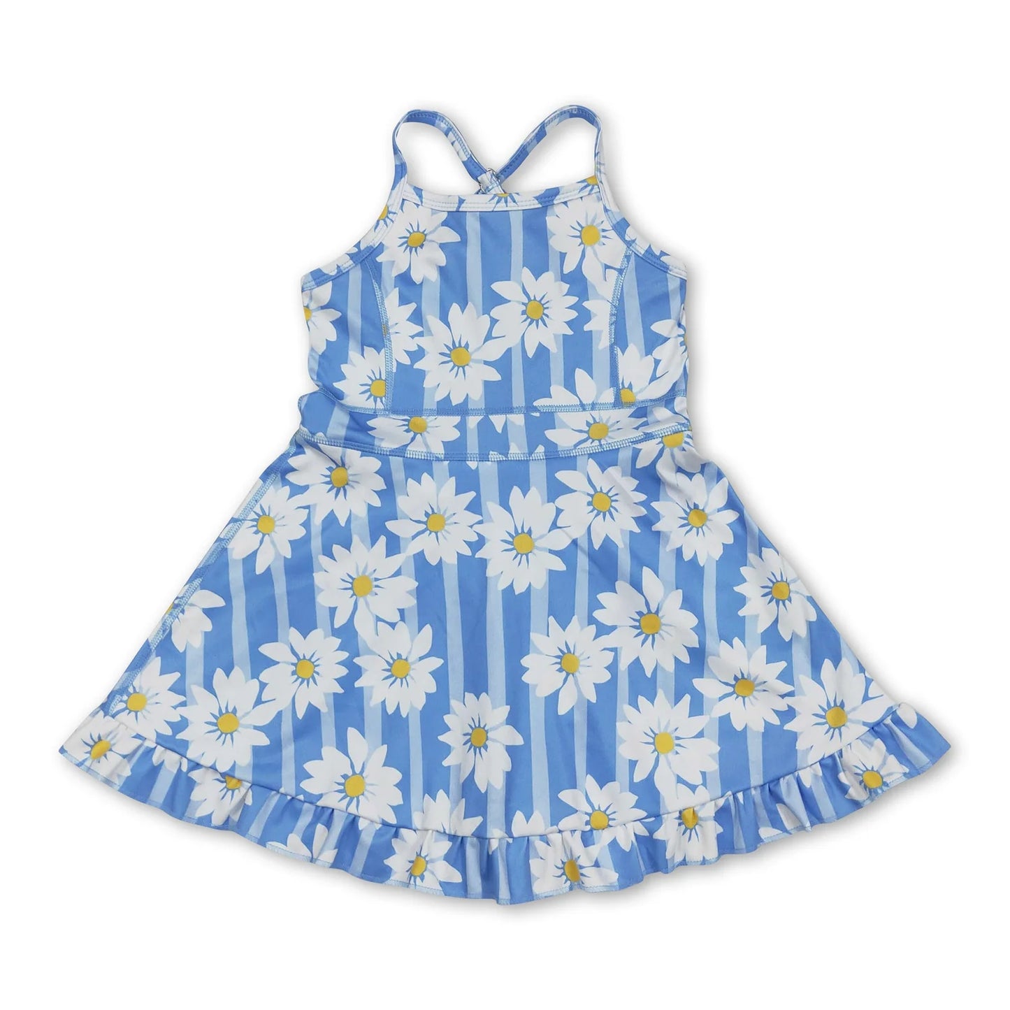 RTS NO MOQ Sibling yoga fabric Baby Girls Colorful Flowers Sleeveless Strap Ruffle Yoga Dresses