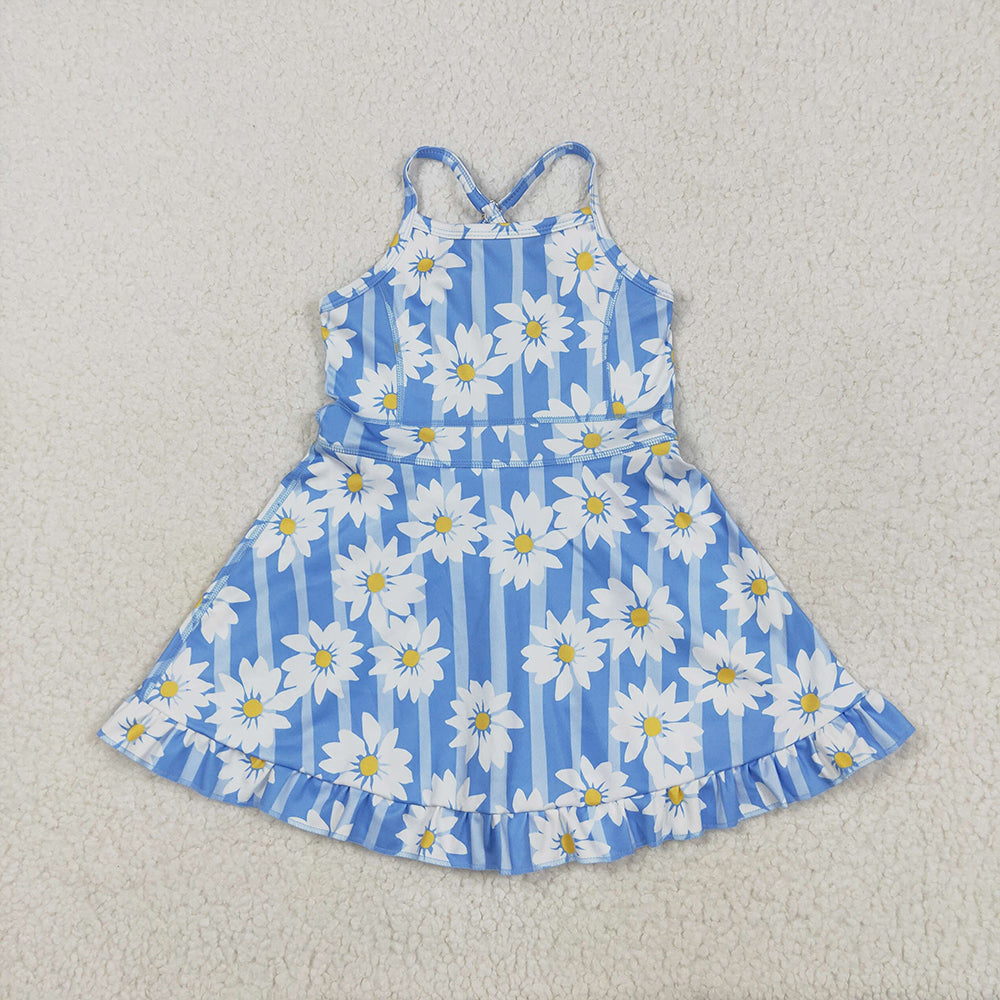 RTS NO MOQ Sibling Baby Girls Floral Yoga Ruffle Knee Length Dresses Strap Stripe Cute Baby Girls Dress