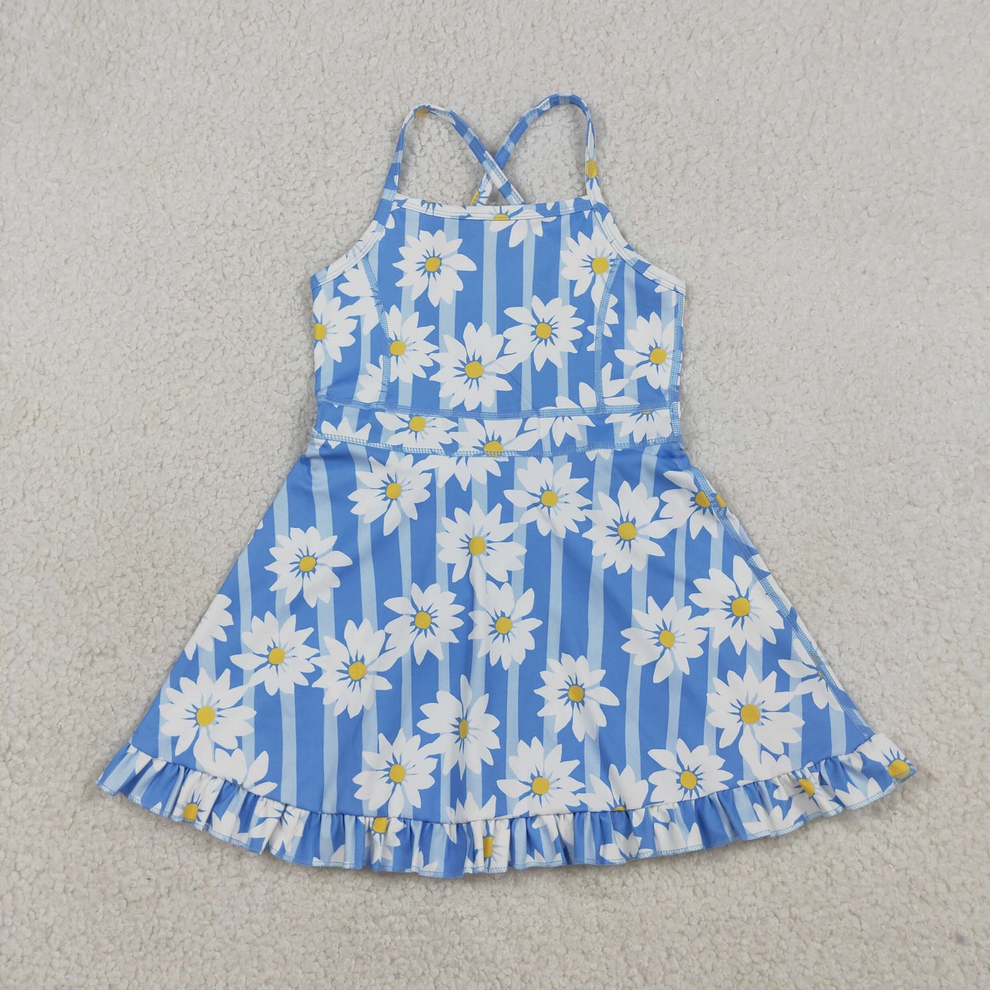 RTS NO MOQ GSD2283 Baby Girls Blue Strap Floral Print Yoga Dress with Ruffle Knee-Length Casual Outfit for Toddlers