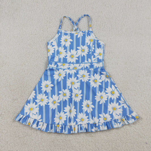 RTS NO MOQ GSD2283 Baby Girls Blue Strap Floral Print Yoga Dress with Ruffle Knee-Length Casual Outfit for Toddlers
