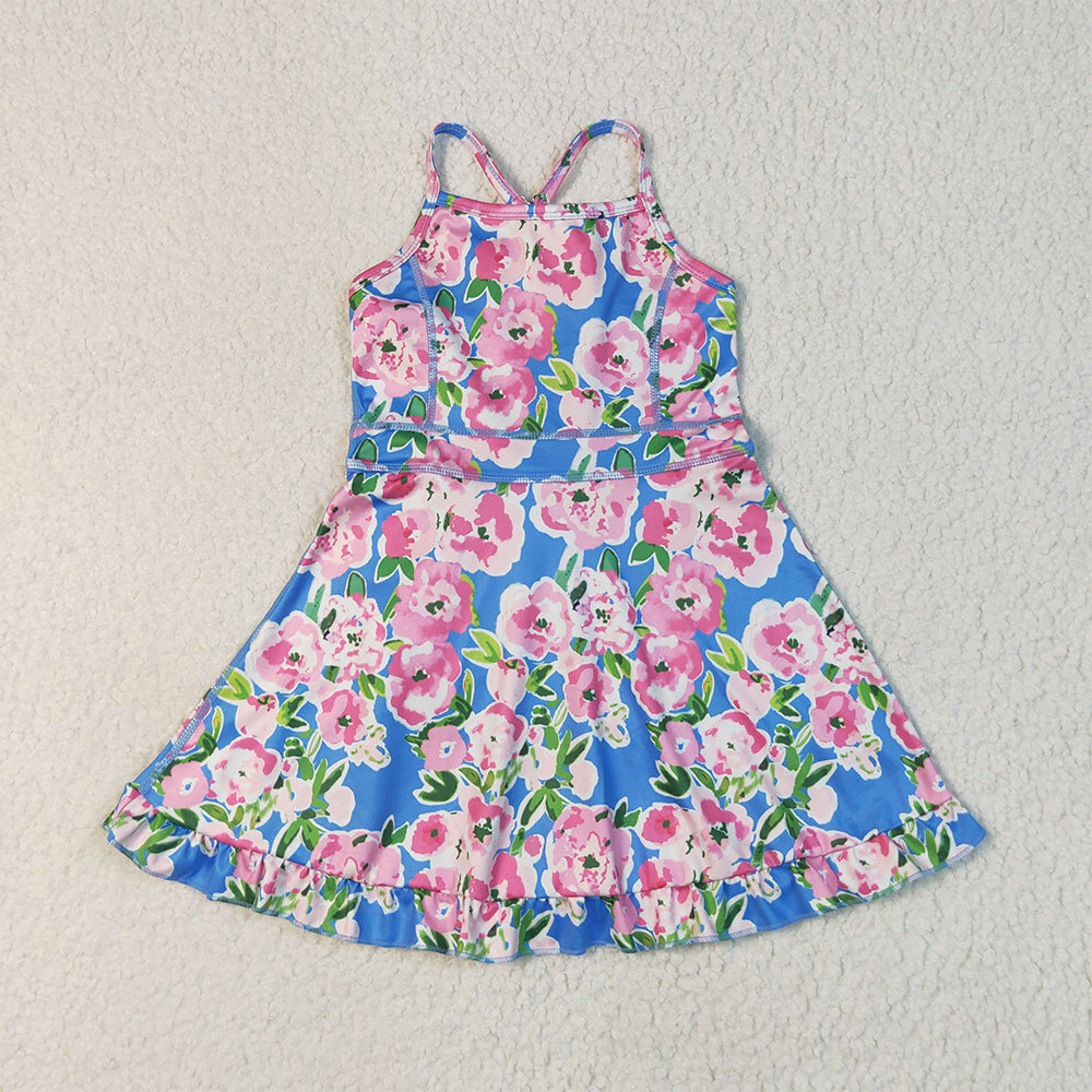 RTS NO MOQ Sibling Baby Girls Floral Yoga Ruffle Knee Length Dresses Strap Stripe Cute Baby Girls Dress
