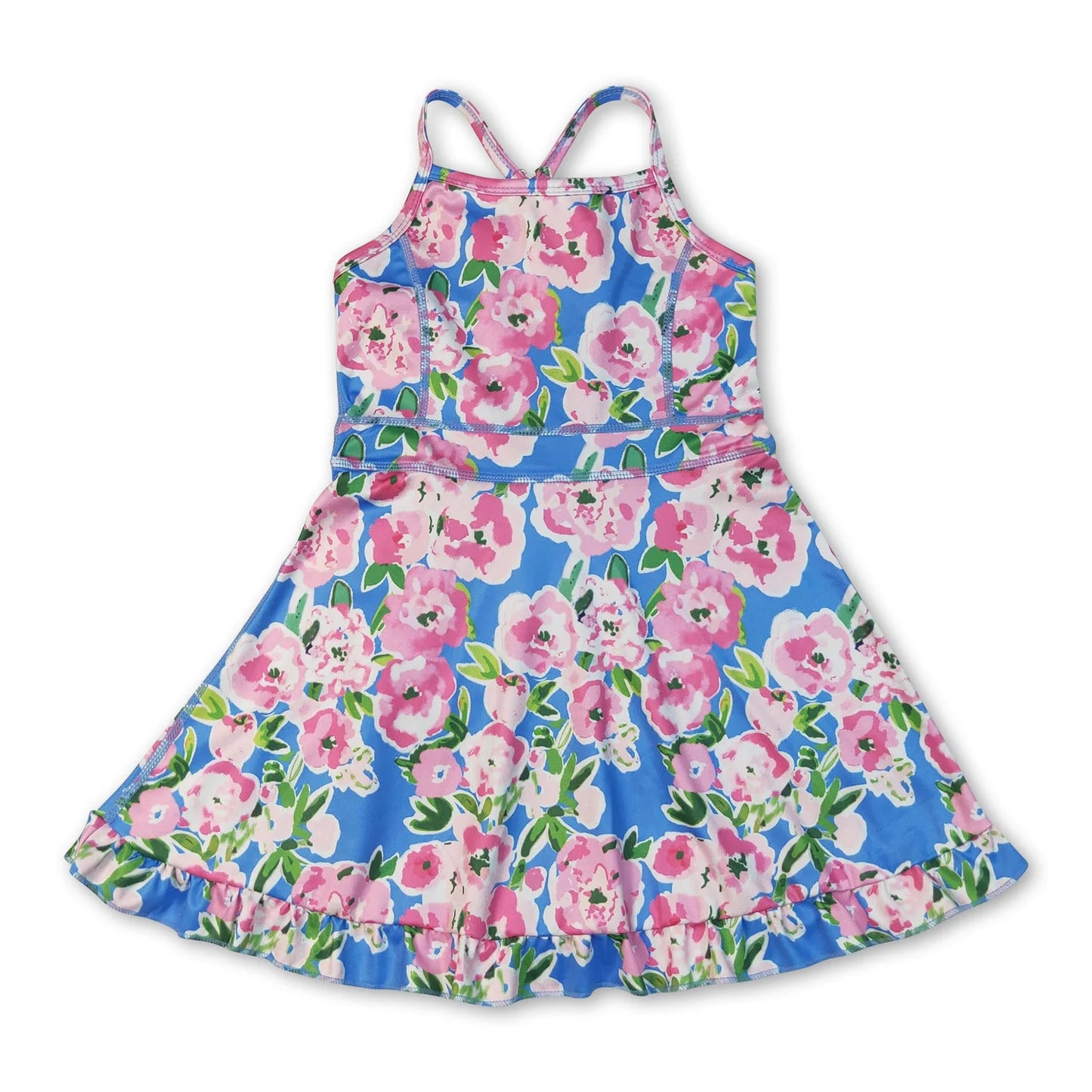 RTS NO MOQ Sibling yoga fabric Baby Girls Colorful Flowers Sleeveless Strap Ruffle Yoga Dresses