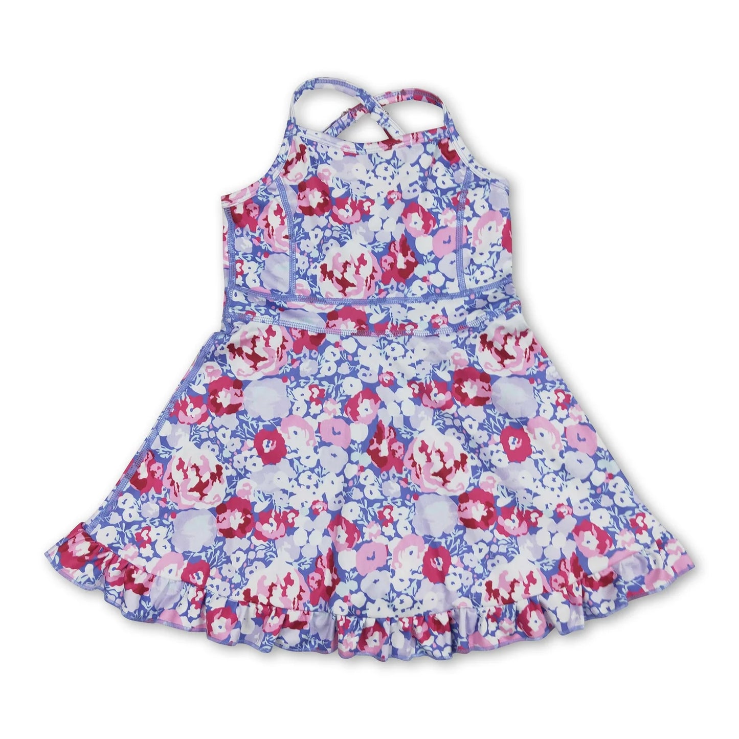 RTS NO MOQ Sibling yoga fabric Baby Girls Colorful Flowers Sleeveless Strap Ruffle Yoga Dresses