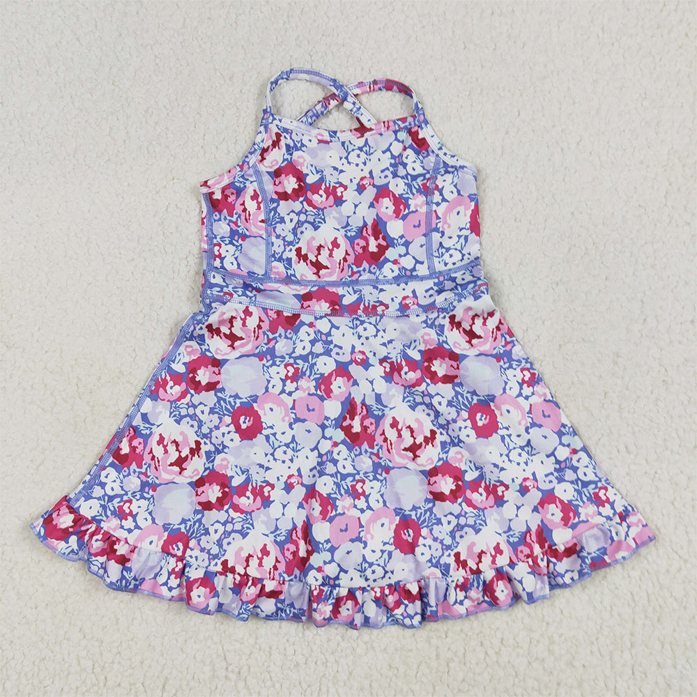 RTS NO MOQ Sibling Baby Girls Floral Yoga Ruffle Knee Length Dresses Strap Stripe Cute Baby Girls Dress