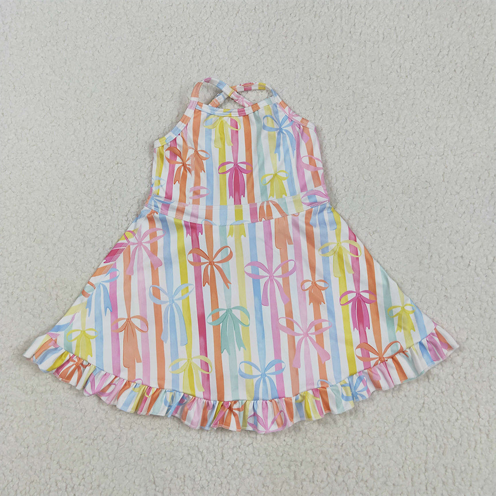 RTS NO MOQ Sibling Baby Girls Peach Strap Dresses Colorful Bows Yoga Ruffle Knee Length Girls Outfits