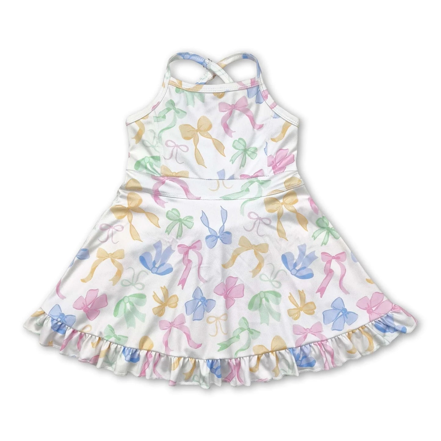 RTS NO MOQ Sibling yoga fabric Baby Girls Colorful Bow Sleeveless Strap Ruffle Yoga Dresses
