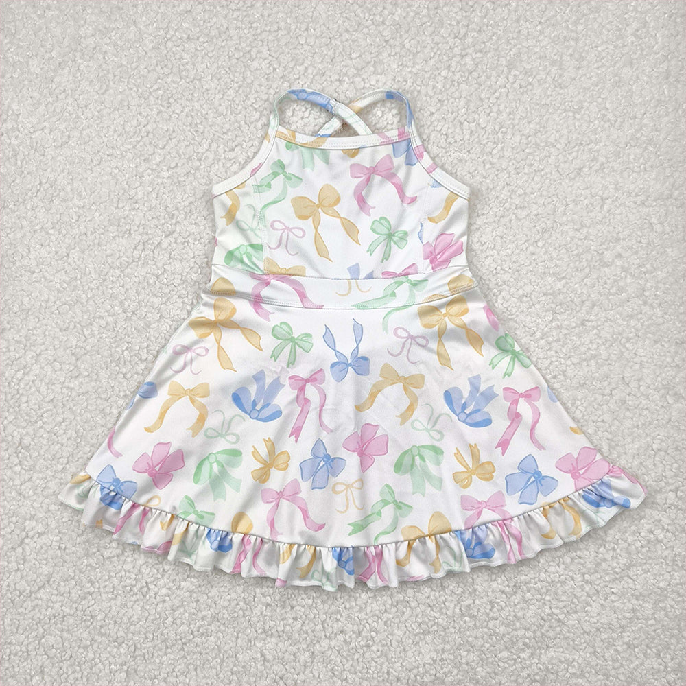 RTS NO MOQ Sibling Baby Girls Strap Colorful Bows Yoga Ruffle Knee-Length Dresses