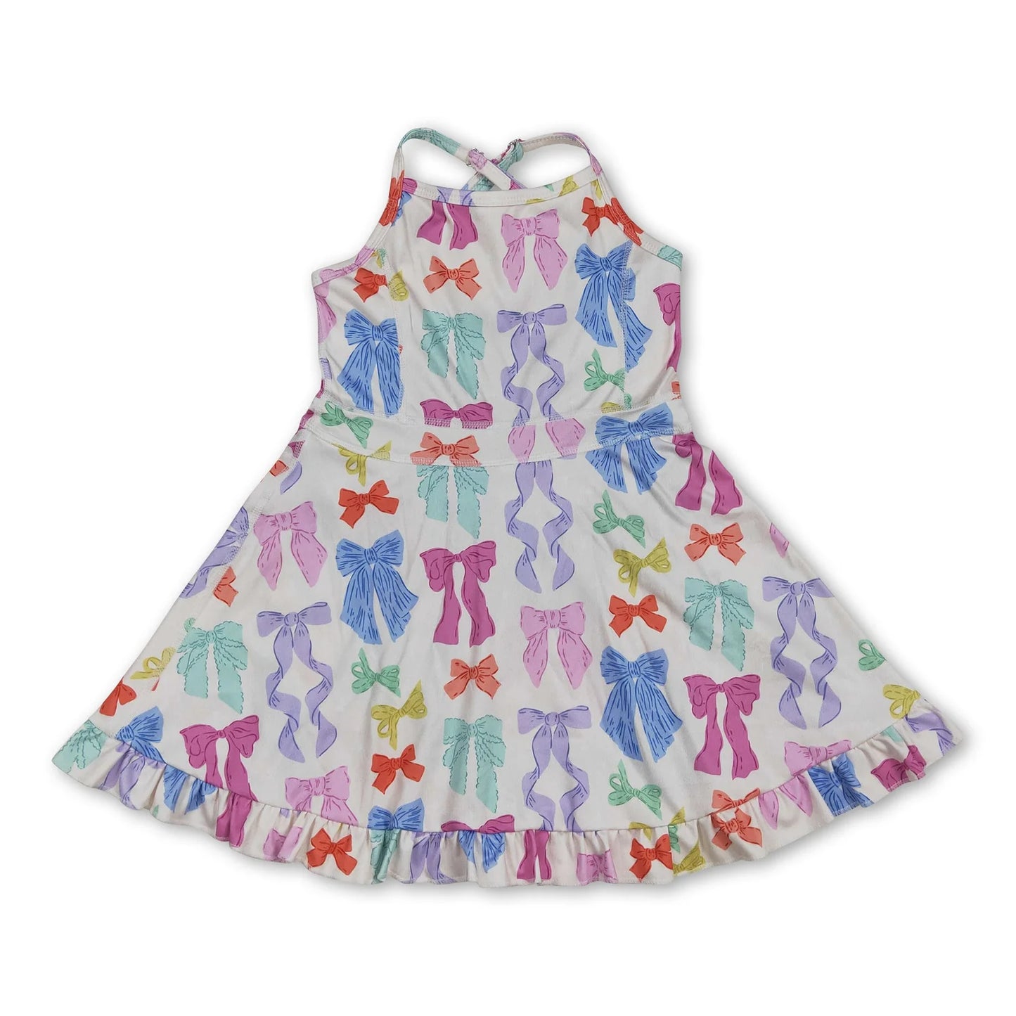 RTS NO MOQ Sibling yoga fabric Baby Girls Colorful Bow Sleeveless Strap Ruffle Yoga Dresses