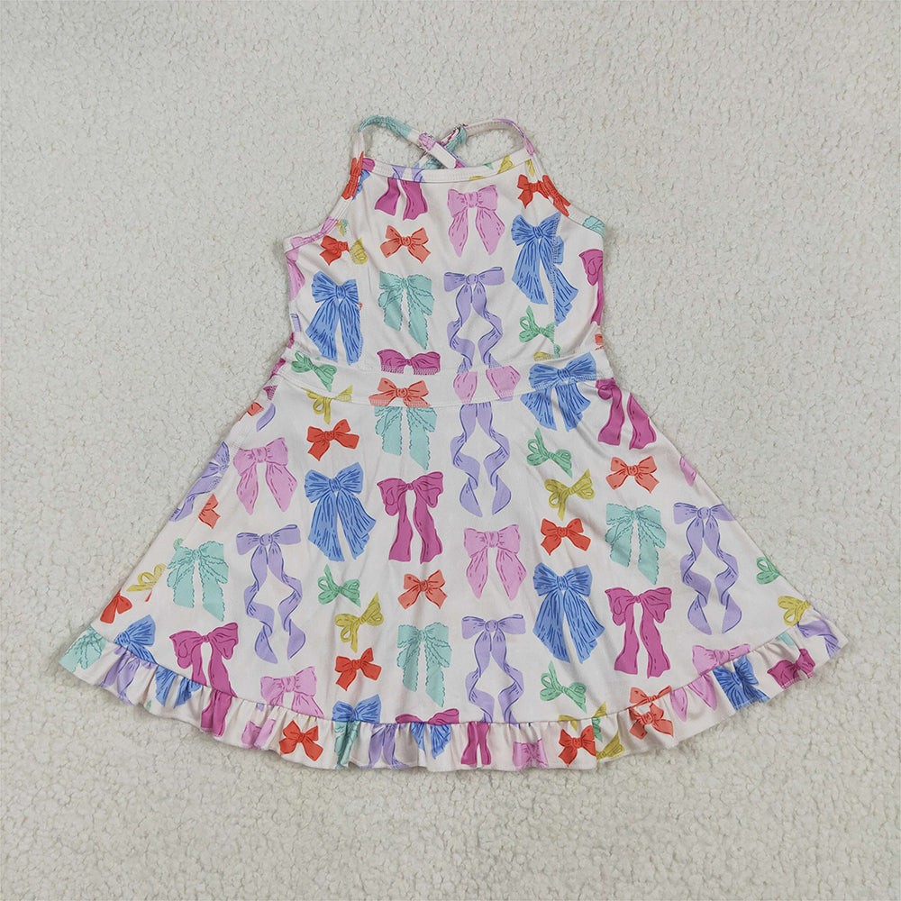 RTS NO MOQ Sibling Baby Girls Strap Colorful Bows Yoga Ruffle Knee-Length Dresses