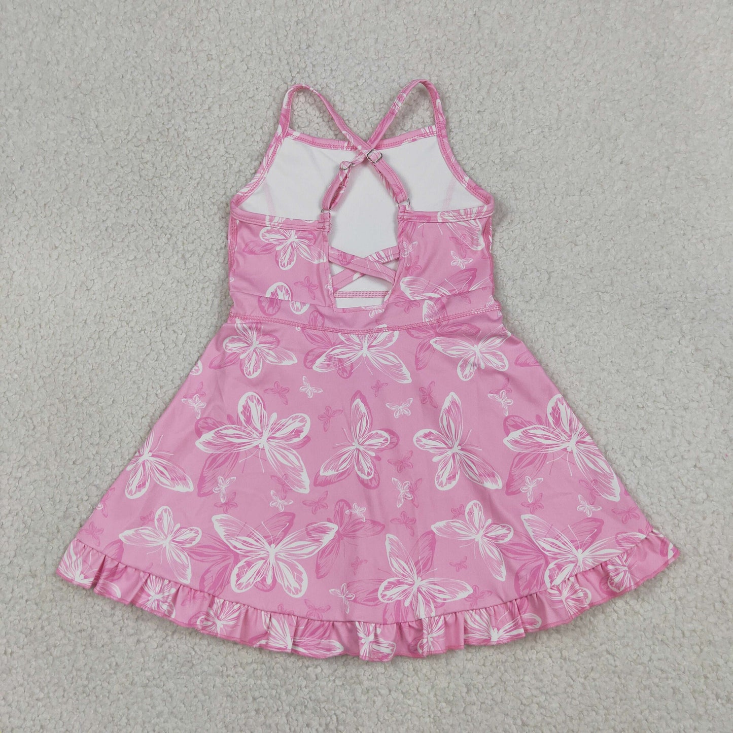 RTS NO MOQ yoga fabric GSD2292 Baby Girls Pink Strap Butterfly Ruffle Knee Length Dress