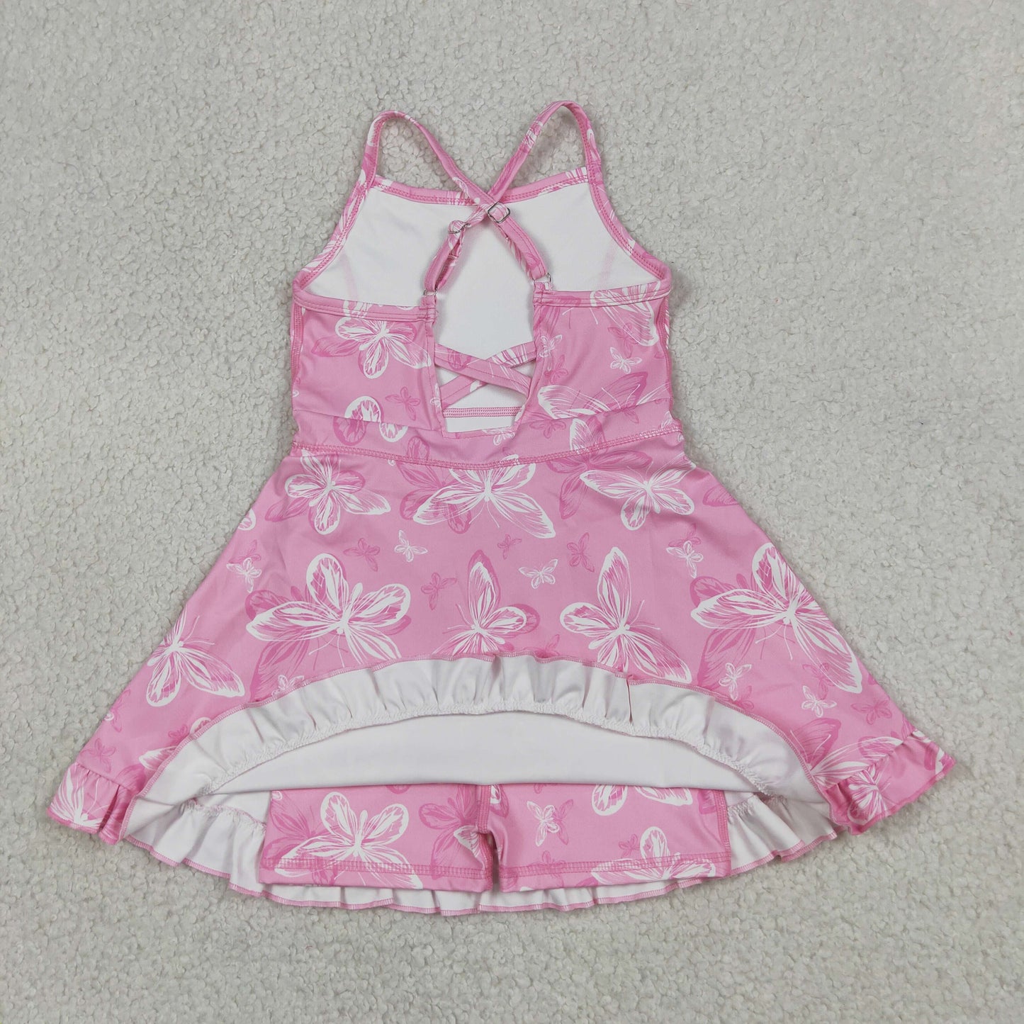 RTS NO MOQ yoga fabric GSD2292 Baby Girls Pink Strap Butterfly Ruffle Knee Length Dress