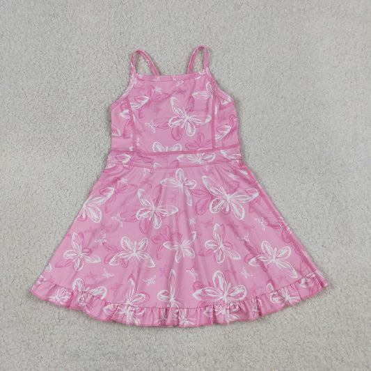 RTS NO MOQ yoga fabric GSD2292 Baby Girls Pink Strap Butterfly Ruffle Knee Length Dress