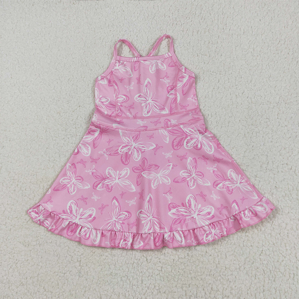 RTS NO MOQ Sibling Baby Girls Floral Yoga Ruffle Knee Length Dresses Strap Stripe Cute Baby Girls Dress